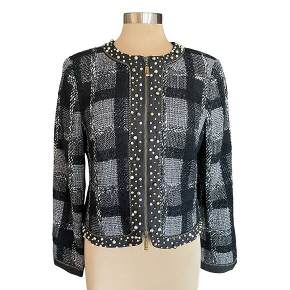 Spanner Tweed Windowpane Check Blazer Pearl Chain Embellished Size 8 Wool Blend - Picture 1 of 12